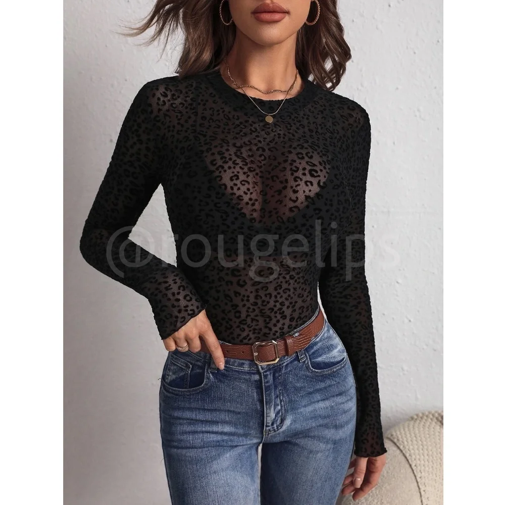 Black Mesh Leopard Pattern Sheer Long Sleeve Fitted Shirt Top